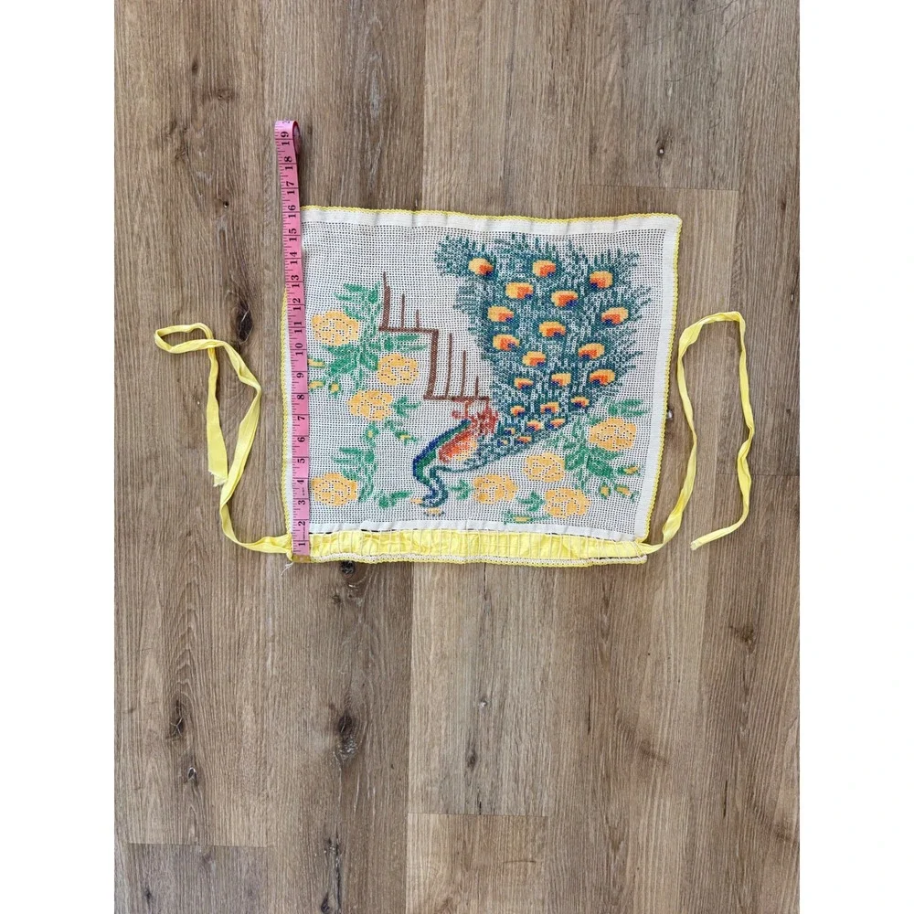 Handmade Vintage Peacock Cross Stitch Half Apron Women OS White Yellow Folk Art